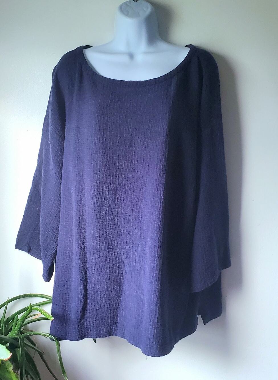 Eileen Fisher Casual Blue Textured 3/4 Sleeve Shirt Womens Size XL Lagenlook